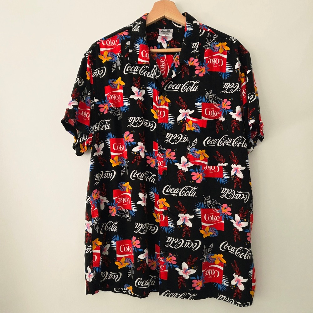 Coca-Cola Button Down Shirt Black Tropical Floral Logo Print Mens Large